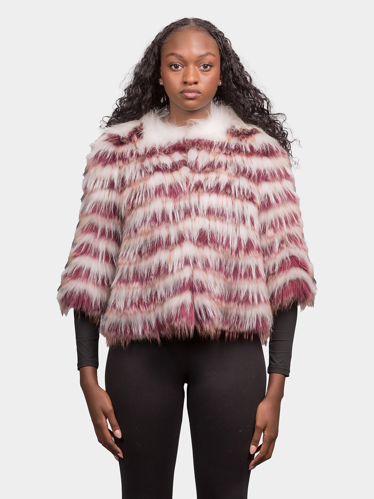Women's Wine & White Feathered Raccoon Jacket