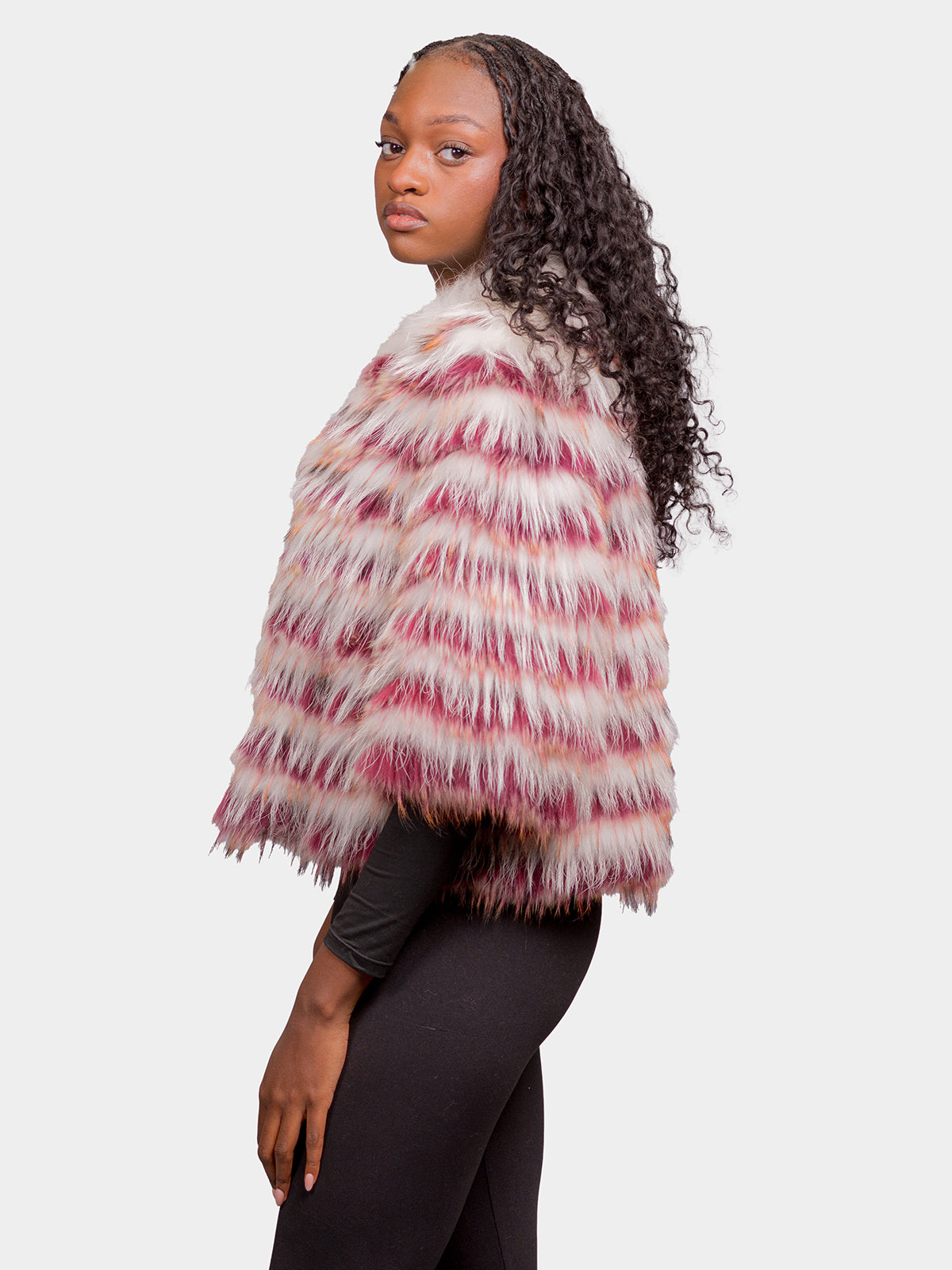 Women's Wine & White Feathered Raccoon Jacket