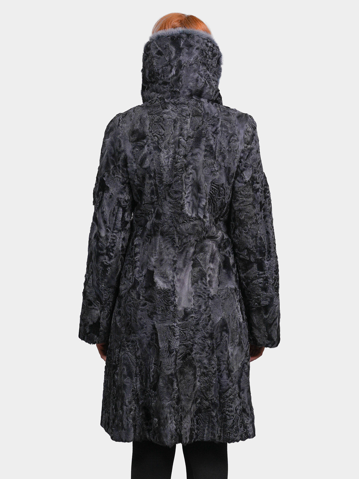 Women's Blue Grey Shearling Stroller with Sculptured Karakul/Mink Collar