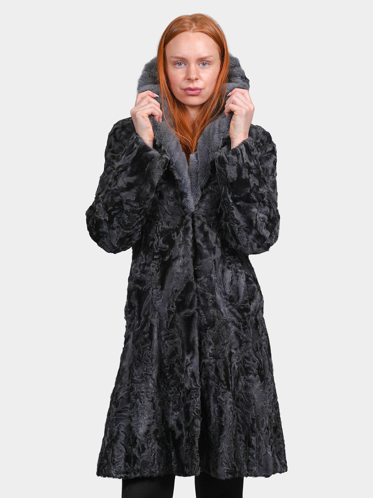Women's Blue Grey Shearling Stroller with Sculptured Karakul/Mink Collar