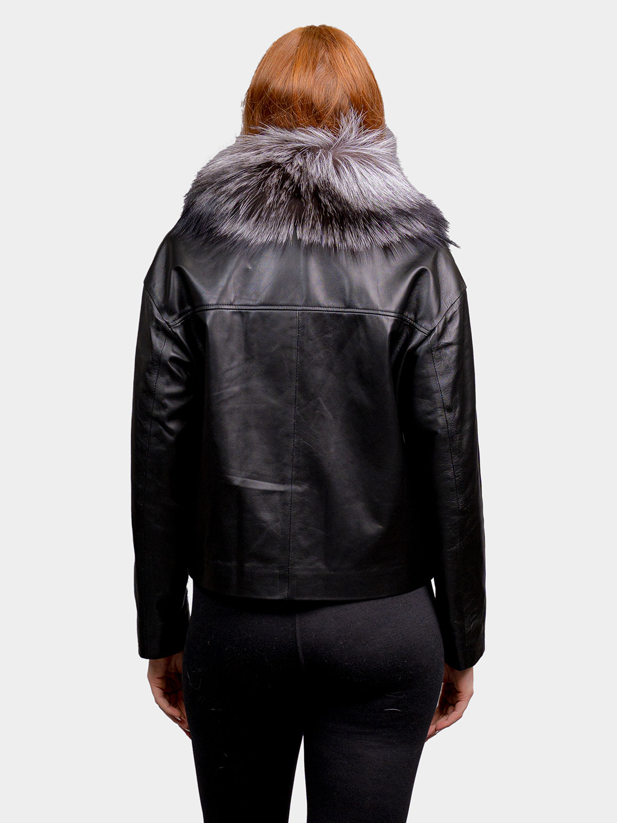 Women's Black Leather Jacket with Silver Fox Collar