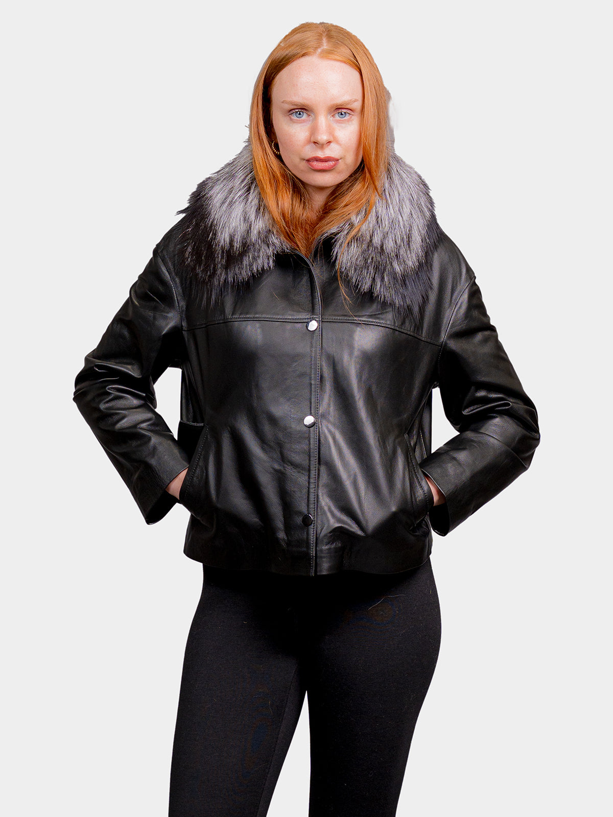 Women's Black Leather Jacket with Silver Fox Collar