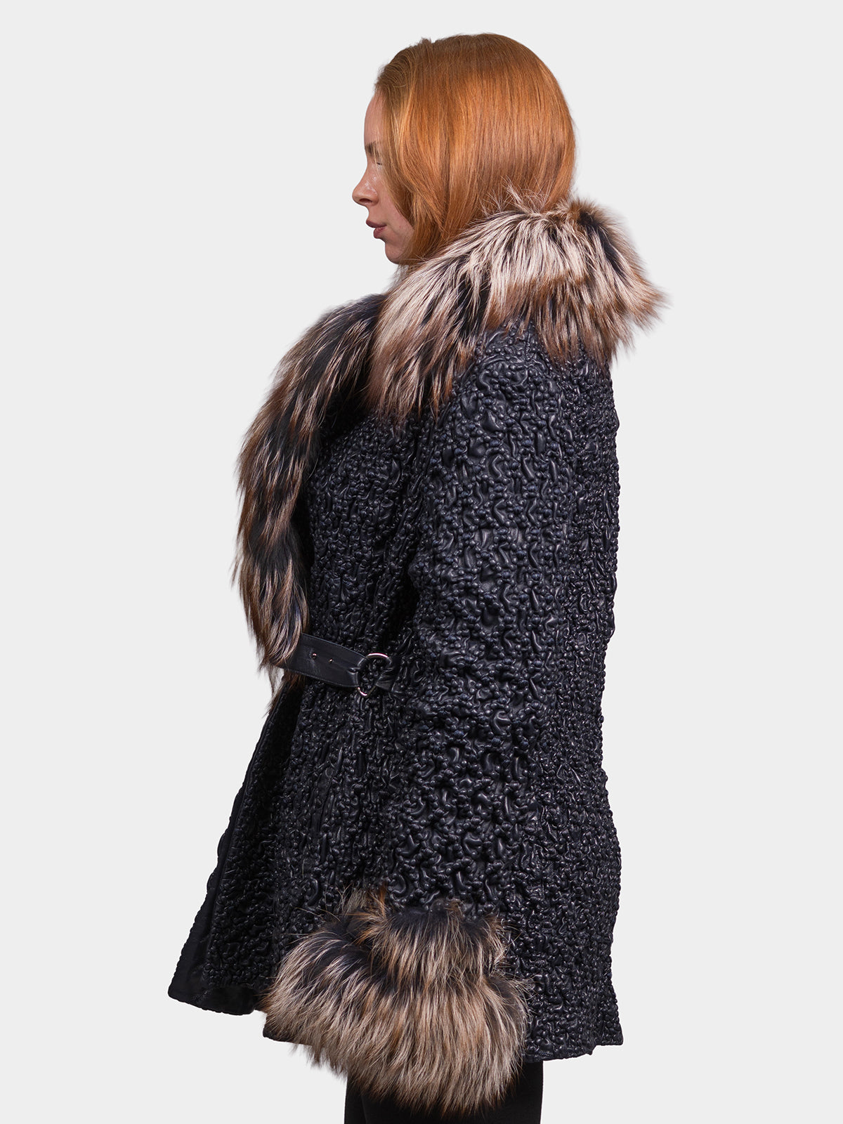 Women's Navy Bubble Leather Jacket with Fox Collar and Trim