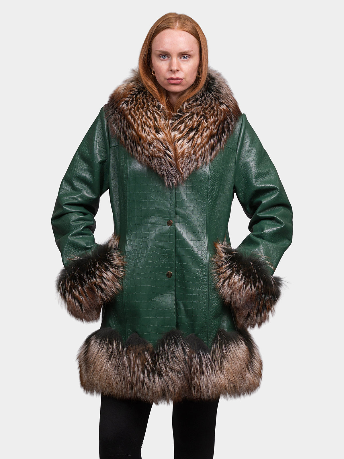 Women's Green Printed Leather Coat with Fox Collar and Trim