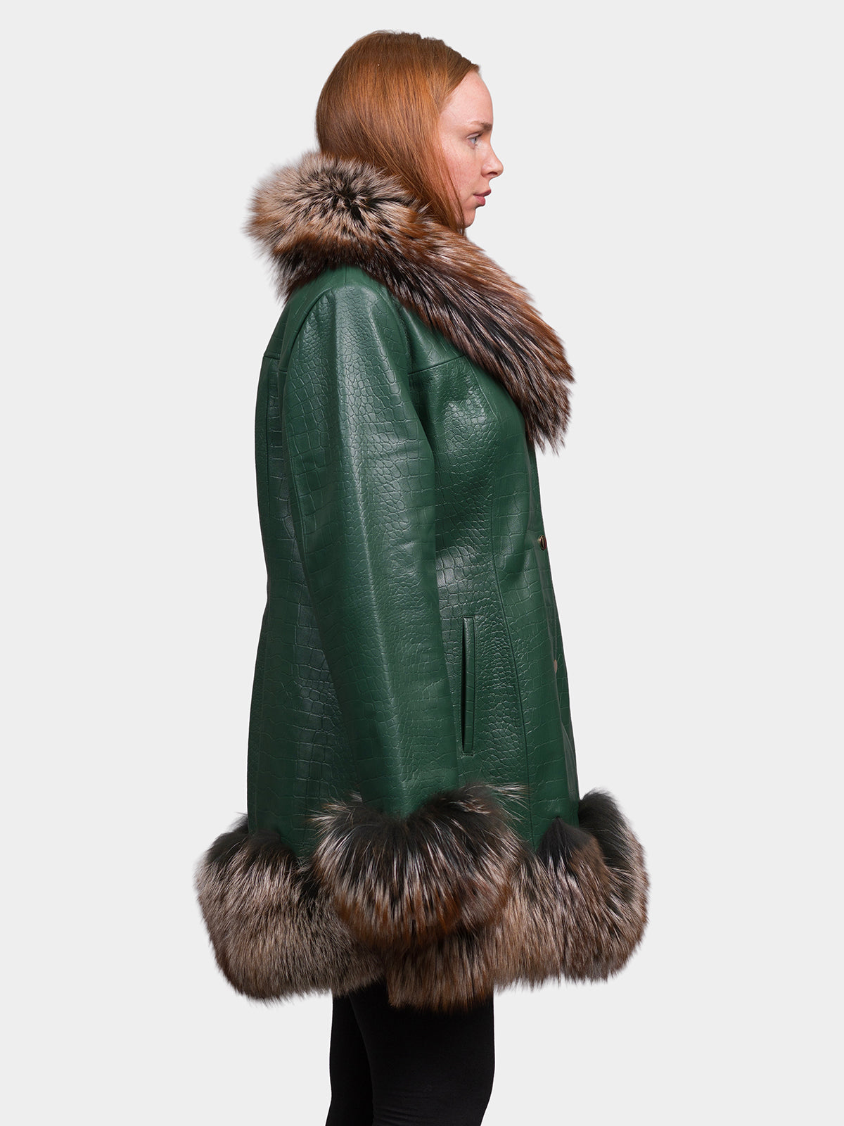 Women's Green Printed Leather Coat with Fox Collar and Trim