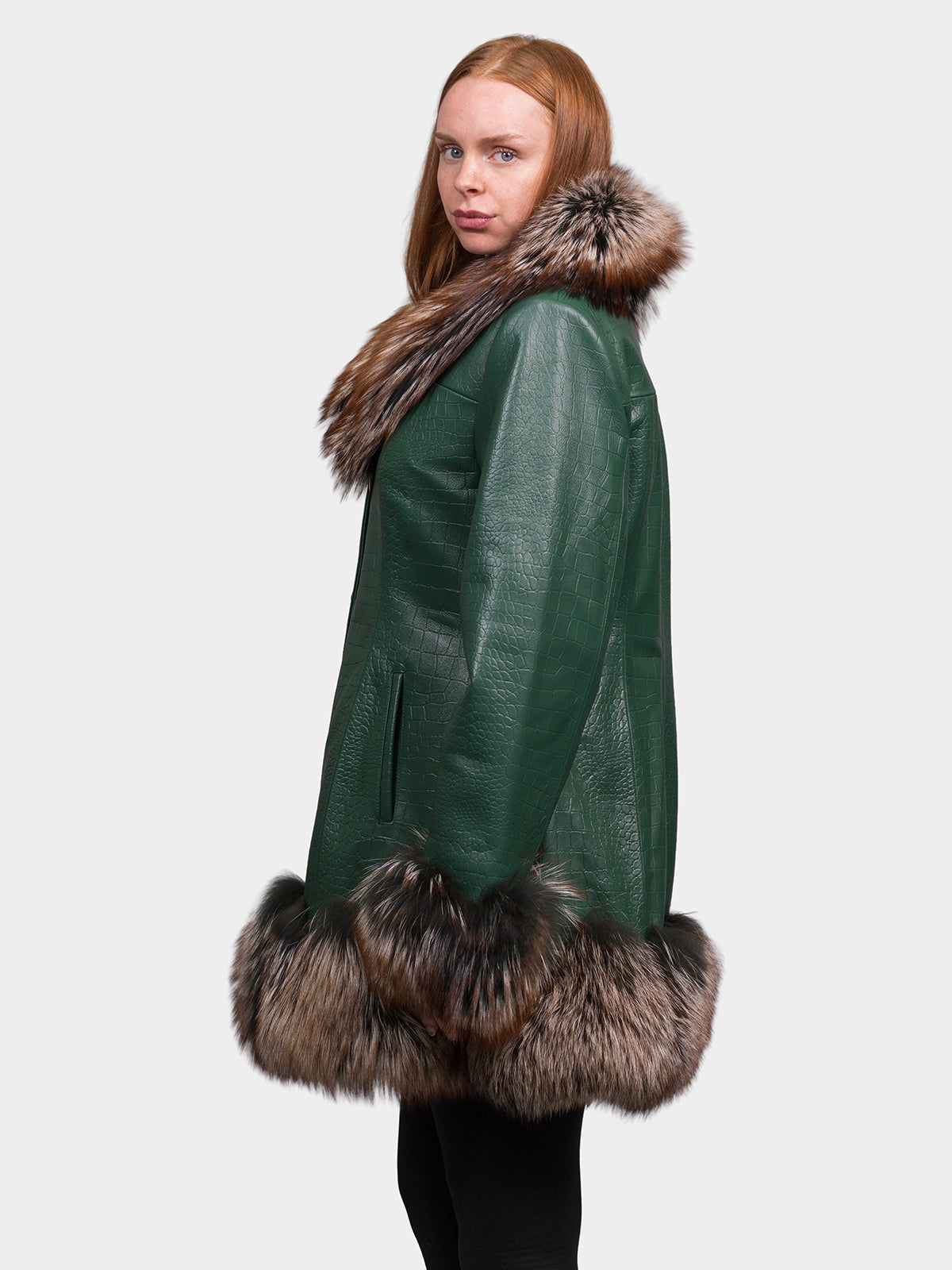 Women's Green Printed Leather Coat with Fox Collar and Trim