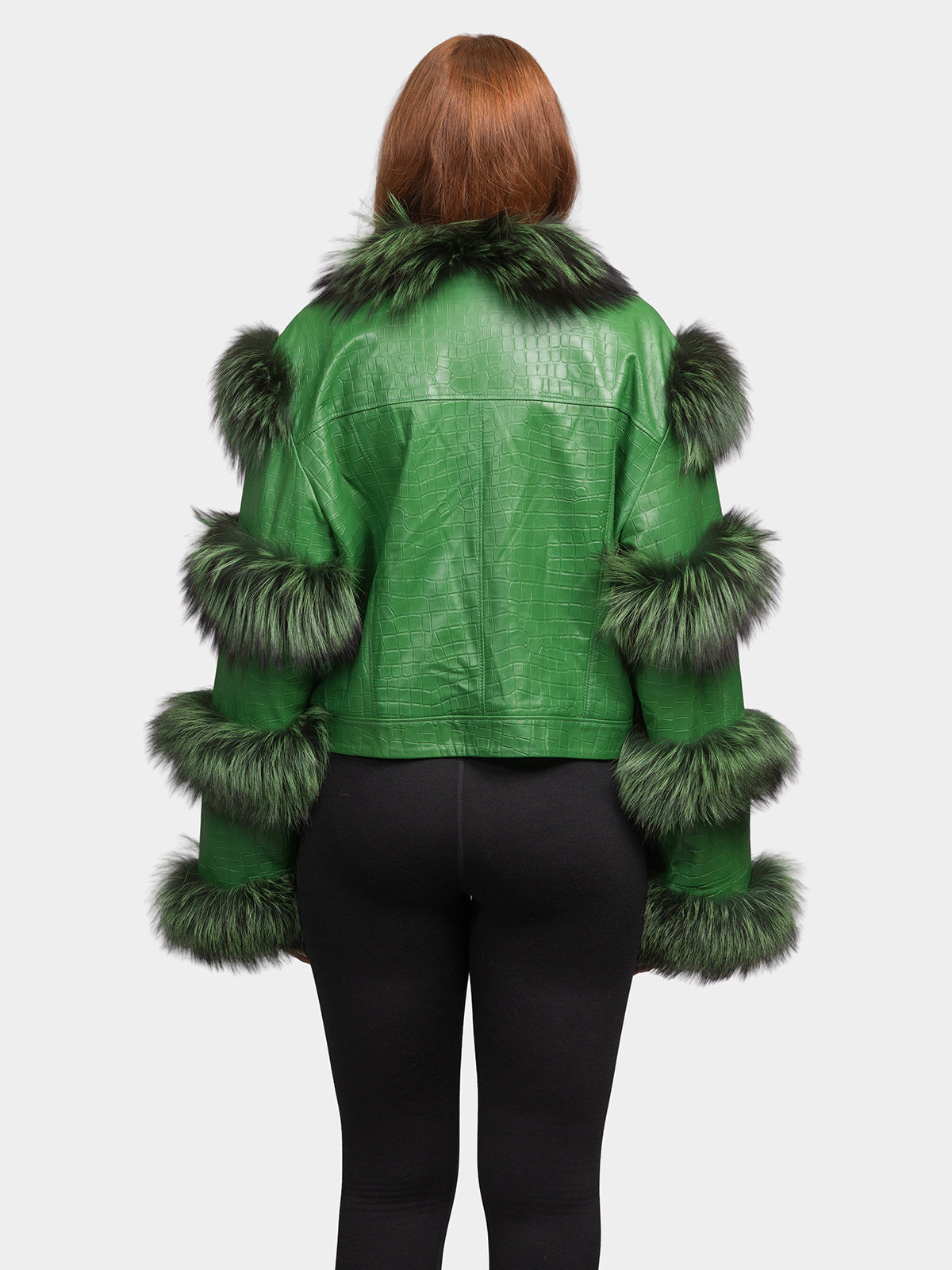 Women's Green Leather Fox Trim Jacket