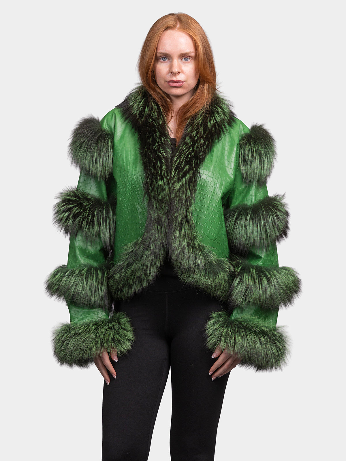 Women's Green Leather Fox Trim Jacket