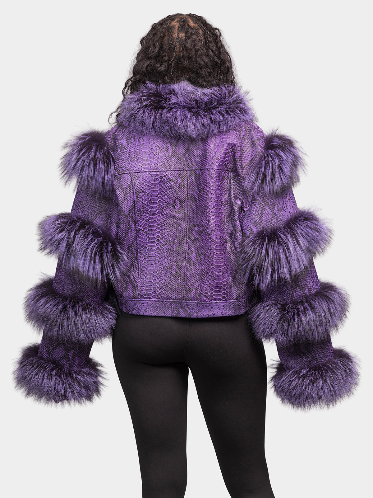 Women's Purple Leather Jacket with Fox Trim