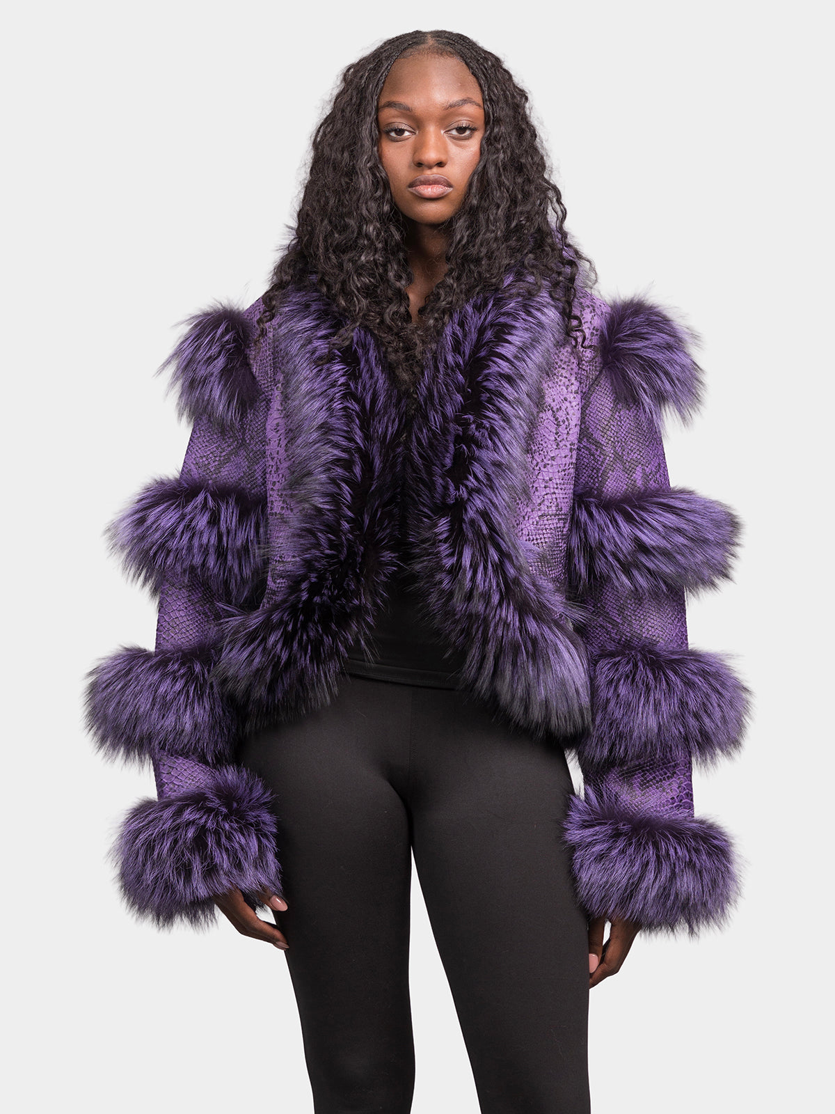 Women's Purple Leather Jacket with Fox Trim