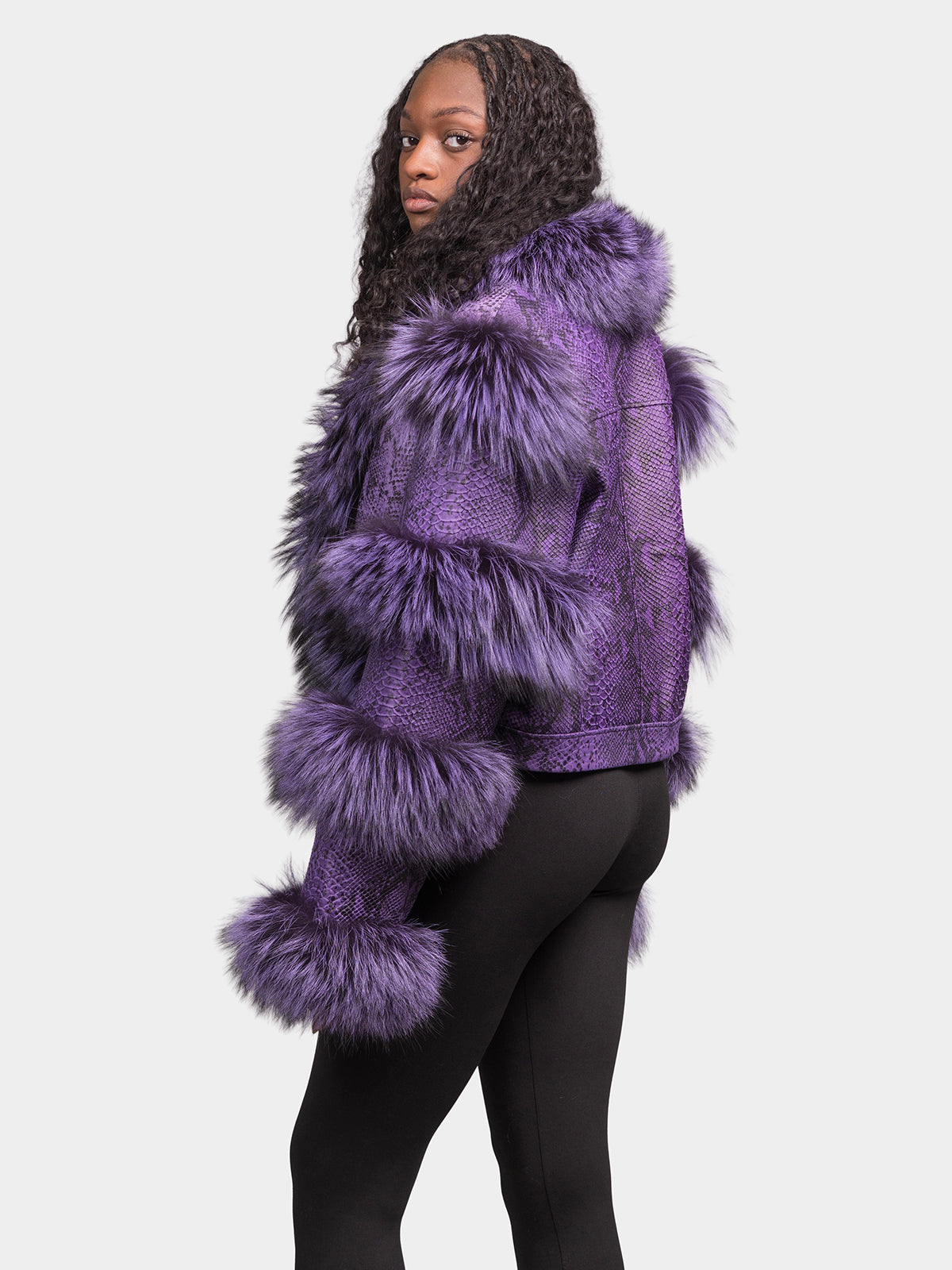 Women's Purple Leather Jacket with Fox Trim